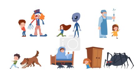 Illustration for Set of vector illustrations of little frightened girls and boys who are afraid clown with claw for a hand, huge black spider, monster and dog with red eyes, alien and evil doctor with a big syringe - Royalty Free Image