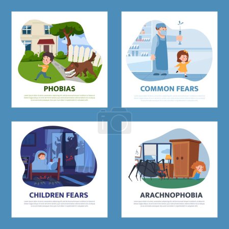 Illustration for Children fears and phobias posters set, flat vector illustration. Little girls and boys scared of dog, doctors and injections, spiders and monsters under bed and in dark. - Royalty Free Image