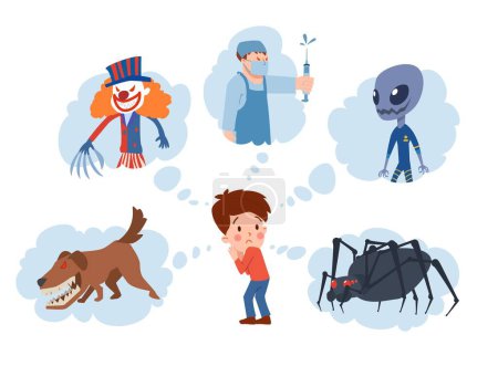 Illustration for Set of vector illustrations of little frightened boy who is afraid clown with claw for a hand, huge black spider, dog with red eyes, alien, evil doctor with a big syringe. Cartoon hand drawn design - Royalty Free Image
