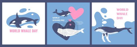 Ilustración de Banner o póster del diseño del Día Mundial de la Ballena para proteger a la población de mamíferos marinos, ilustración vectorial plana. Cetáceos marinos ballenas animales día. - Imagen libre de derechos