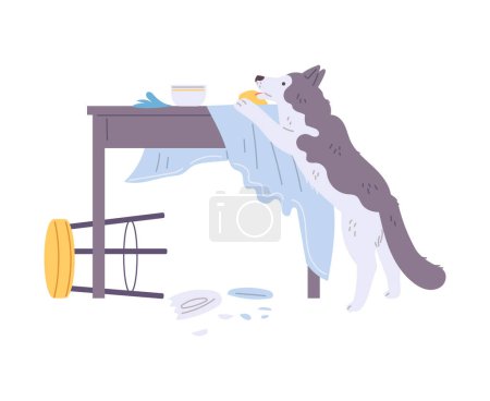 Illustration for Pet mess, overturned chair, broken plate from dining table and torn tablecloth. Chaos house, clutter, disorder from play naughty dog vector cartoon illustration isolated on white. Bad canine behavior - Royalty Free Image