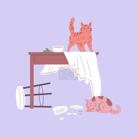 Illustration for Pet mess, broken plate in dining room by two naughty cats. Dining table with torn tablecloth and chair. Chaos house, clutter, disorder from play kittens vector cartoon illustration - Royalty Free Image