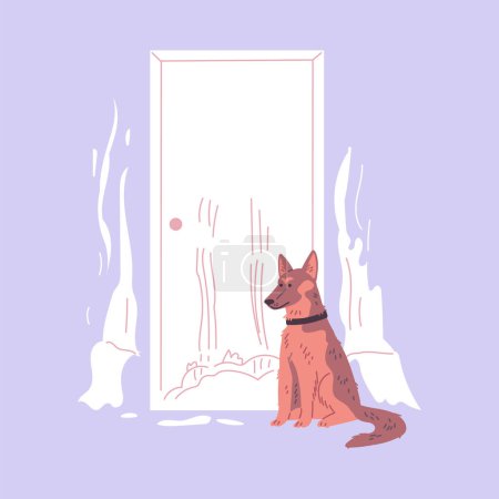 Illustration for Pet mess in a room, disorder and destruction by naughty brown shepherd dog. Damaged white door, torn and scratched wallpaper. Vector cartoon illustration bad canine behavior on lilac background - Royalty Free Image