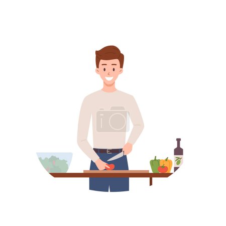 Ilustración de El caricaturista corta verduras para ensalada. Gente disfrutando de cocinar comida en la ilustración vectorial de cocina aislada sobre fondo blanco. Plato casero saludable - Imagen libre de derechos