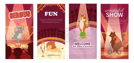 Dibujos animados circo animales vector publicidad volantes plantilla conjunto. Espectáculo de carnaval de entretenimiento con animales salvajes realizando acrobacias en escena. Oso en una bicicleta, león saltando a través de un anillo de fuego