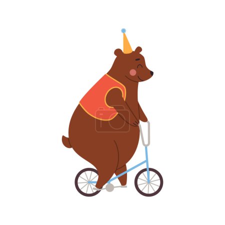 Ilustración de Divertido oso con sombrero de cono y chaleco monta una bicicleta. Animal de circo de dibujos animados. Animal salvaje realizando trucos acróbatas. Ilustración vectorial espectáculo entretenimiento aislado sobre fondo blanco. - Imagen libre de derechos