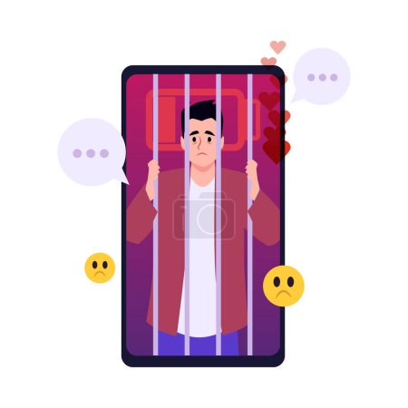 Illustration for Sad man behind bars in the phone. Psychological addiction to gadgets, low battery, many likes online. FOMO fear of missing out vector illustration concept. Personal anxiety and worry, discomfort - Royalty Free Image