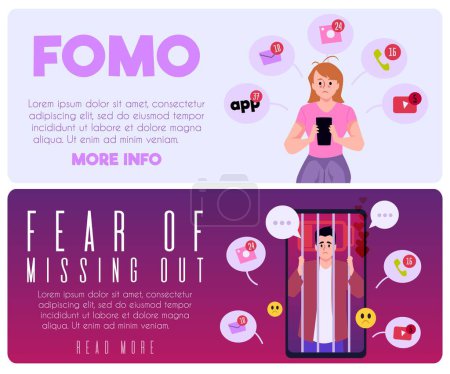 Illustration for Upset man behind bars in the phone. Psychological woman addiction to gadgets. FOMO fear of missing out vector landing pages set for web and application. Personal anxiety and worry, discomfort - Royalty Free Image