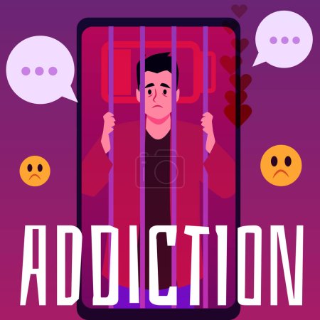 Illustration for Sad man behind bars in the phone, low battery. Psychological addiction to gadgets. FOMO fear of missing out vector illustration concept. Personal anxiety and worry, afraid, discomfort poster - Royalty Free Image