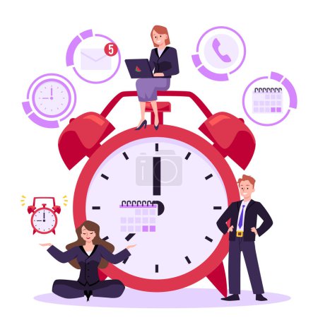 Efficiency productivity, multitasking and time management vector illustration. Busy business woman with laptop sitting on a huge alarm clock, meditates in the lotus position.