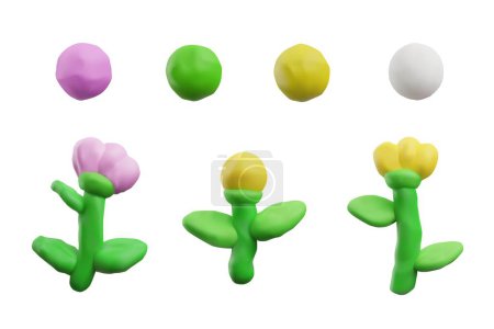 Illustration for Flowers icons with effect of hand-sculpted soft modeling material and pieces of color plasticine or clay, realistic vector illustration isolated on white background. - Royalty Free Image