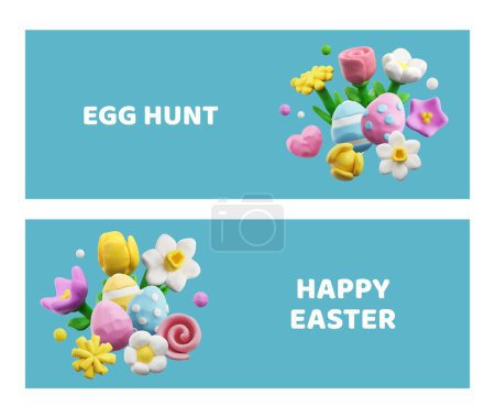 Illustration for Set of Easter banners with 3D modeling flowers and eggs. Plasticine hand sculpted effect egg, tulip, rose, daffodil and other decorative elements. Vector illustration greeting cards with text. - Royalty Free Image