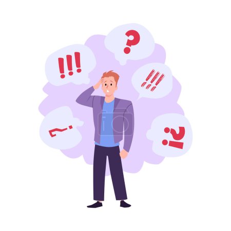 Illustration for ADHD Attention Deficit Hyperactivity Disorder concept with man having difficulties and mess in thoughts, flat vector illustration isolated on white background. - Royalty Free Image