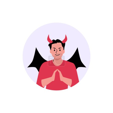 Illustration for Devil man, vector illustration isolated on white background. Symbol of evil. Male character, demon in red, with wings and horns like Satan. Simple picture drawing in cartoon flat style. - Royalty Free Image