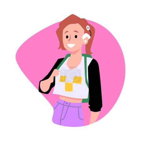 Illustration for Deaf girl with hearing aid. Vector isolated character with hearing aid BTE devices with external receiver inserted into ear. Teenager has hearing disability using medical gadget, cochlear implant - Royalty Free Image