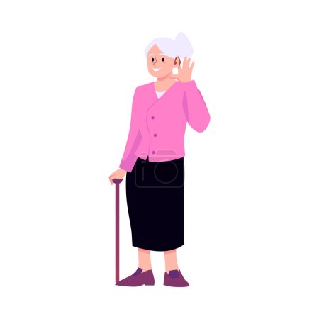 Illustration for Deaf elderly woman with hearing aid. Pensioner has health problems and using medical gadget in ear. Vector isolated character with hearing aid device inserted into ear, assist for listening - Royalty Free Image