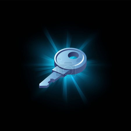 Illustration for Metal game key with blue glow. Fairy tale magic game ui element, secret metaphor. Password symbol icon. Vector illustration of security interface object on dark background - Royalty Free Image