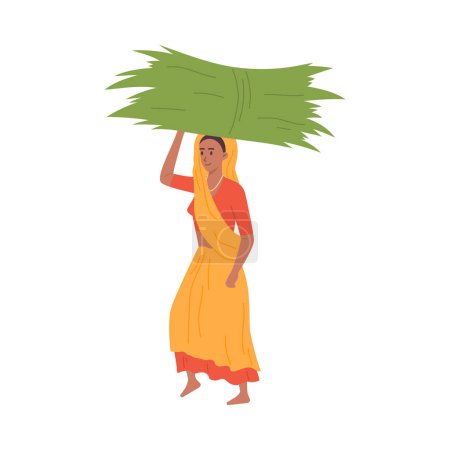 Illustration for Indian rural woman, agricultural worker, farmer with a haystack on head. Traditionally dressed Indian tribal woman with wheat harvest. Vector illustration isolated on white background - Royalty Free Image