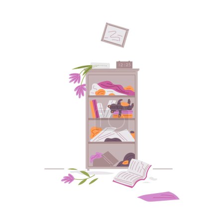 Bookshelf with scattered books, broken flower vase and damaged stuff on the floor. Torn books, lopsided picture, bookcase disorder vector illustration on white background. Pet mess and home chaos