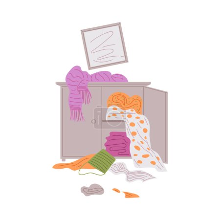 Illustration for Open wardrobe, scattered clothes, damaged lopsided picture on the wall. Pet mess concept. Chaos at home scene vector illustration on white background. - Royalty Free Image