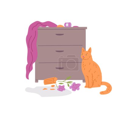 Pet mess, broken vase, scattered things over dresser. Cat sitting near knocked over flower, damaged curtain and chaos on chest of drawers. Disorder made by domestic feline animal vector illustration.