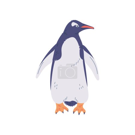 Ilustración de Pingüino con patas amarillas. Pingüino Gentoo. North flightless seabbirds of Antarctica. Dibujos animados naturaleza polo animal vector ilustración. Fauna ártica mamífero salvaje aislado en blanco - Imagen libre de derechos