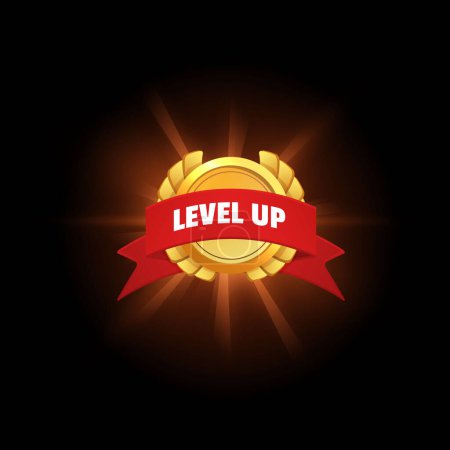 Illustration for Glowing golden medal. Award luminous badge with leaves and red ribbon Level up. Vector metal level achievement round frame for game gui interface. Trophy or quality rating design element on dark - Royalty Free Image