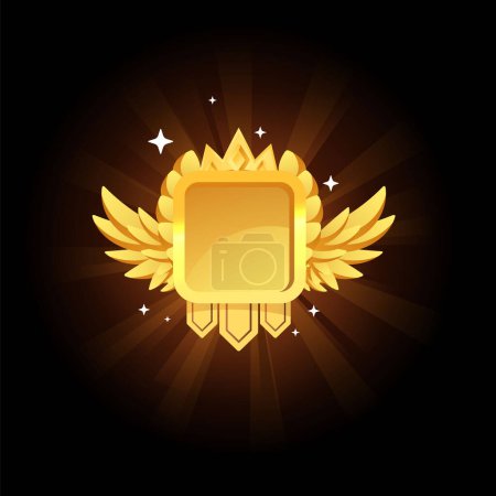 Illustration for Glowing golden medal. Award luminous badge with crown, ribbon and wings. Vector metal level achievement square frame for game interface. Trophy or top rating design element on dark background - Royalty Free Image