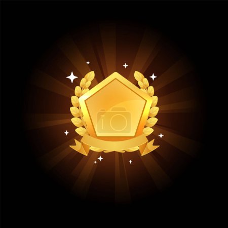 Illustration for Glowing golden medal. Award luminous badge with ribbon and leaves. Vector metal level achievement pentagon frame for game gui interface. Trophy or top rating design element on dark background - Royalty Free Image