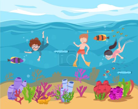 Illustration for Scuba snorkeling. Children in diving mask and snorkel swimming in sea observing fauna of coral reef. Cartoon marine adventures, summer underwater activity. Flat vector illustration - Royalty Free Image