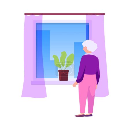 Ilustración de Una anciana triste mirando por la ventana sola. La abuela echa de menos y espera a la familia. Concepto de ancianos solitarios. Ilustración vectorial aislada en blanco - Imagen libre de derechos