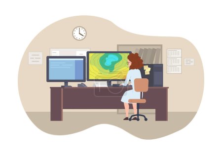 Meteorologist watching weather radar at computer screen at desk. Woman observing weather forecast changing at display. Flat vector illustration on abstract background.