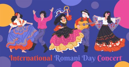 Ilustración de Cartel vectorial del día internacional Romani concierto. Mujeres gitanas bailando con pandereta. Hombres tocando la guitarra y cantando. Ensamble performance flamenco folk. Gitanos tradición étnica y cultura - Imagen libre de derechos