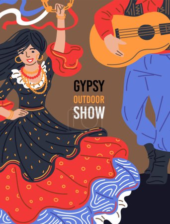 Illustration for Gypsies ensemble performance flamenco folk. Vector Gypsy outdoor show poster. Romani ethnic tradition and culture, woman dancing in fluffy long dress and with tambourine. Man playing guitar - Royalty Free Image