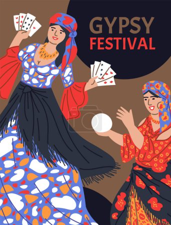 Ilustración de Mujeres gitanas con cartas y bola mágica. Fortune tellers on Gypsy festival vector poster (en inglés). Romani tradición étnica y cultura, predictores femeninos bailando en vestido largo y bufandas - Imagen libre de derechos
