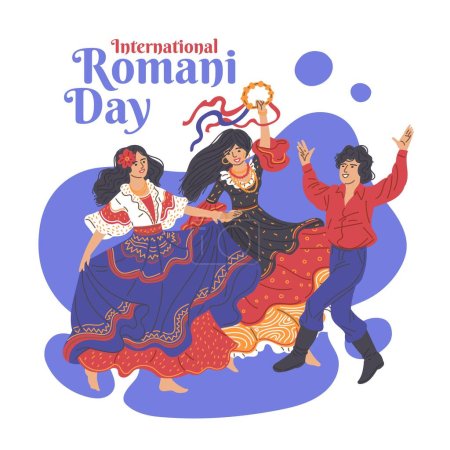 Illustration for Romani people, gypsy on poster, vector illustration on white background. Men and women dancing in traditional clothes. Drawing in a simple cartoon style. Happy persons on holiday card or banner - Royalty Free Image