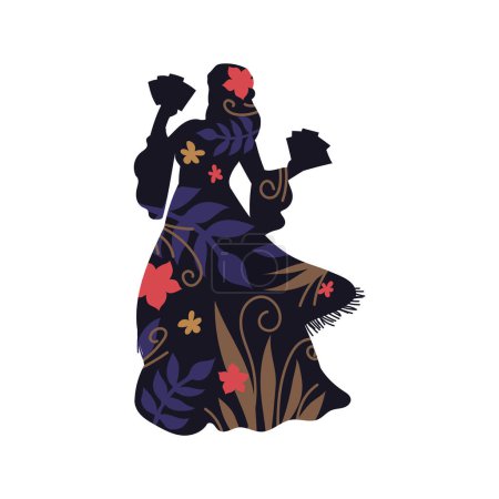 Téléchargez les illustrations : Femme tsigane dansant en robe longue avec silhouette tambourine noire à motif floral. Roms performance flamenco vecteur folklorique dessin animé isolé illustration. Traditions et culture ethniques tsiganes - en licence libre de droit