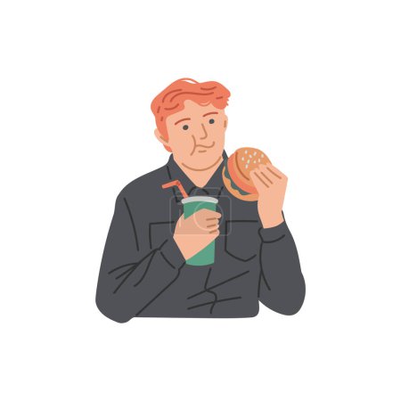 Ilustración de El hombre está comiendo una hamburguesa con soda. Dibujos animados comiendo comida rápida o comida chatarra. Trabajador o empleado que tiene comida poco saludable. Carácter de ilustración vectorial plano con snack aislado en blanco - Imagen libre de derechos