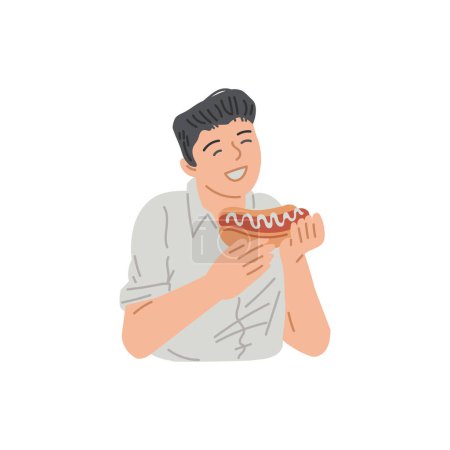 Ilustración de El hombre está comiendo algo. Dibujos animados comiendo comida rápida, hot dog. Trabajador o empleado que tiene comida poco saludable. Ilustración vectorial plana carácter de mala nutrición grasa aislado en blanco - Imagen libre de derechos