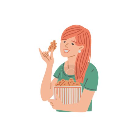 Ilustración de La mujer está comiendo algo. Dibujos animados comiendo comida rápida, nuggets, pollo frito, palos. Empleado comiendo comida malsana. Ilustración vectorial plana carácter de mala nutrición grasa aislado en blanco - Imagen libre de derechos