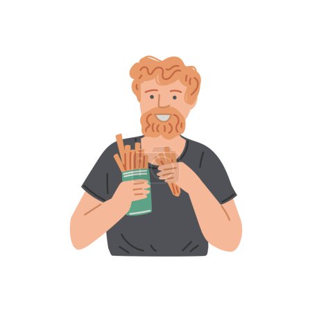 Ilustración de El hombre está comiendo algo. Dibujos animados comiendo comida rápida, papas fritas, palos. Trabajador o empleado que tiene comida poco saludable. Carácter de ilustración vectorial plano con snack aislado en blanco - Imagen libre de derechos