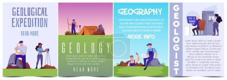 Illustration for Geological laboratory and expedition excavations vector posters set. Geologists women and men take geodetic measurements, excavate, analyze. Cartoon scientific characters and technical equipment items - Royalty Free Image