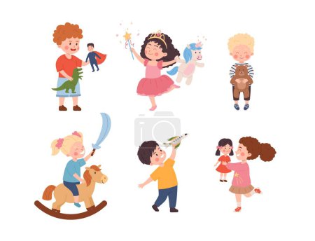 Illustration for Happy cute boys and girls holding their toys. Kids play with favorite toy. Childhood entertainment and affection. Cartoon vector isolated illustrations set on white background. Fairy friends - Royalty Free Image