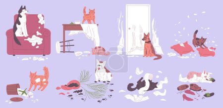 Home disorder made by cats and dogs set. Pet mess and bad behavior. Domestic animals damage furniture, broke dishes and plant pot, tear pillow and shoes. Naughty pets destroy house stuff.