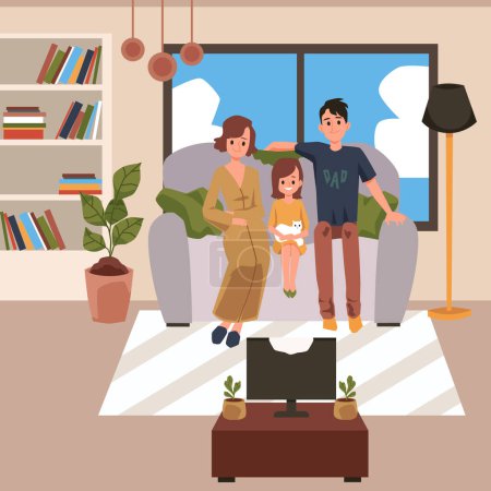 Illustration for Happy family watching TV in a cozy room. Dad mom and daughter spend weekends or leisure time at home sitting on the couch and watching a movie or cartoon. Vector cartoon illustration - Royalty Free Image