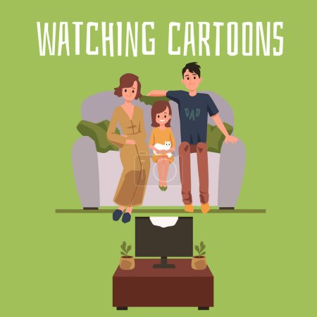 Illustration for Happy family watching TV in the living room. Parents together with their daughter spend weekends or leisure time at home watching a movie or cartoon. Vector cartoon illustration. - Royalty Free Image
