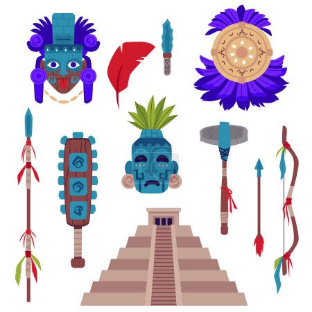 Antigua civilización maya inca mexicana y símbolos de dioses. ídolos tótem azteca y maya religioso signos tradicionales conjunto, ilustración vectorial plana aislada sobre fondo blanco.