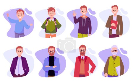 Illustration for Men of diifferent life stages cartoon characters. Male growing up and aging. Baby, child, teenager, adult, mature, pensioner and old persons vector illustrations isolated set. Human life cycles. - Royalty Free Image