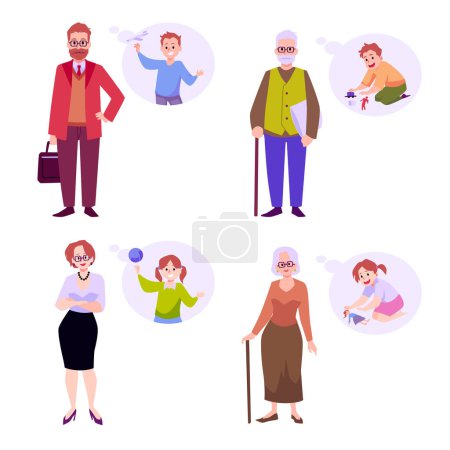 Illustration for Set of old and adult men and women remembering themselves as children flat style, vector illustration isolated on white background. Decorative design elements collection, life and growing up - Royalty Free Image