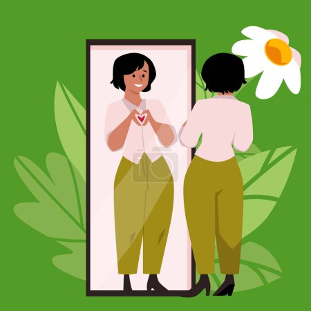 Illustration for Young woman looking in the mirror and smiling. In the mirror reflection the heart sign with fingers. Love yourself. Vector cartoon illustration on green background with leaves and flower - Royalty Free Image